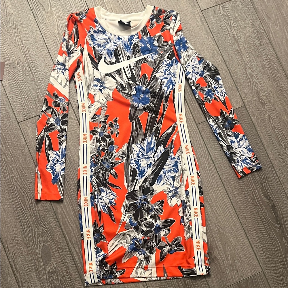 Nike Vibrant Floral Long Sleeve Dress - Orange and Blue